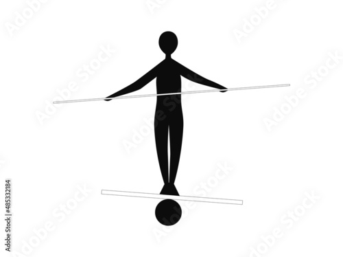 Silhouette of man is balancing with pole. Minimalist figure keeps balance on board with ball life harmony and search for right path in career.