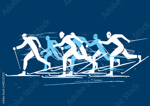 Cross-country skiing competition.
Expressive illustration of nordic skiing competitors on blue background. Vector available.