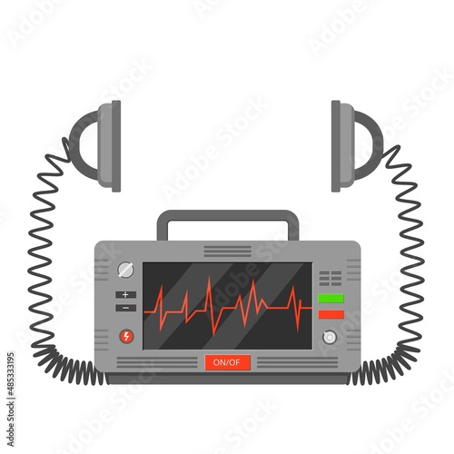 Device for emergency resuscitation defibrillator. Medical electrical first aid equipment with heart rate scale and two vector current arresters.