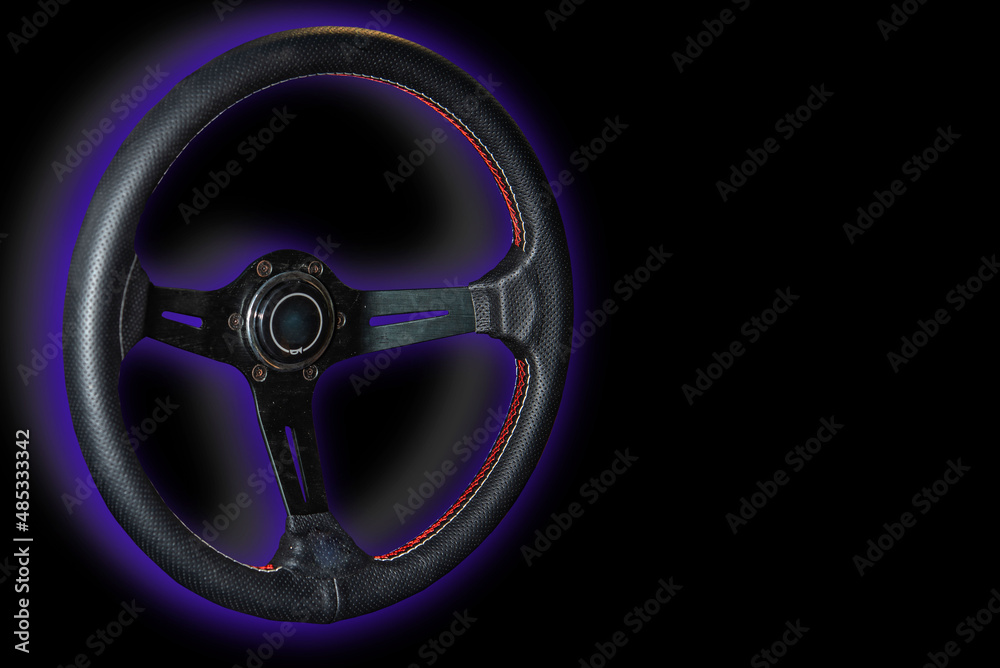 Car steering wheel, leather covered, button technology isolated on white background.