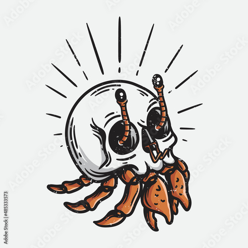 vintage style skull shell hermit crab illustration