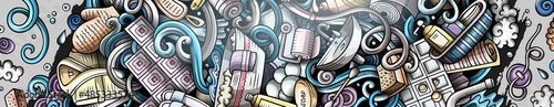 Bathroom hand drawn doodle banner. Cartoon detailed flyer.