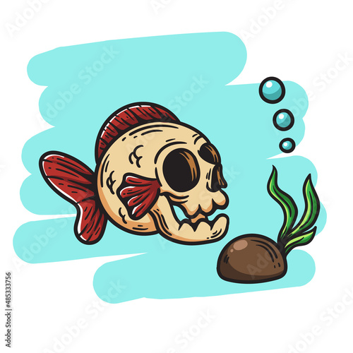 illustration of fish with skull swimming on the seabed