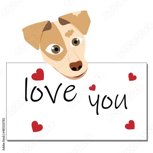 Cute muzzle of a puppy with a heart and the inscription love.