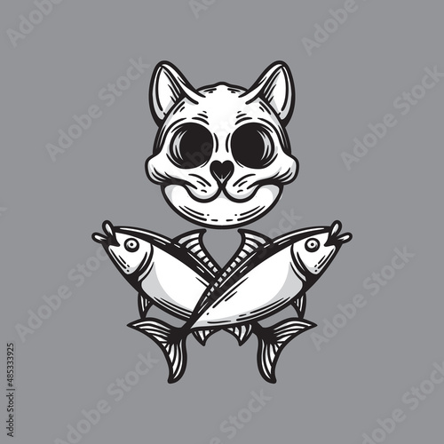 illustration of cat skull with tuna fish