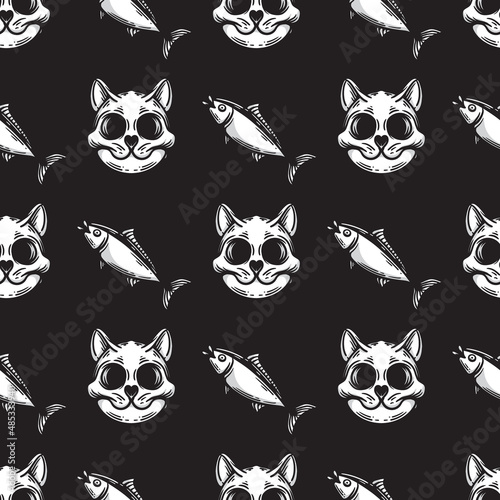 seamless pattern of cat skull with tuna fish