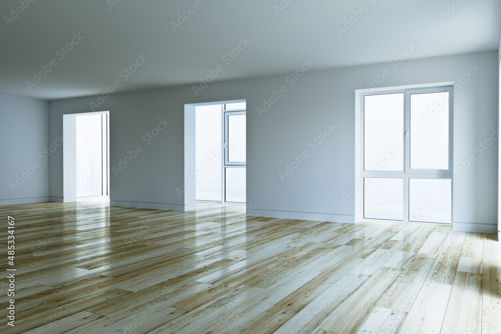 Fototapeta premium Empty room interior 3d model with parquet floor and white walls 