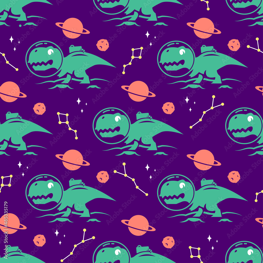 Obraz premium GREEN DINOSAUR IN SPACE FLAT SEAMLESS PATTERN. PREMIUM VECTOR.