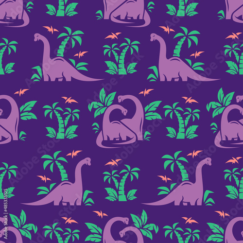 CUTE VIOLET DINOSAURS WITH HER CHILD AND PALM FLAT SEAMLESS PATTERN.
