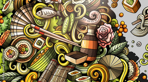 Japanese food hand drawn doodle banner. Cartoon detailed flyer.