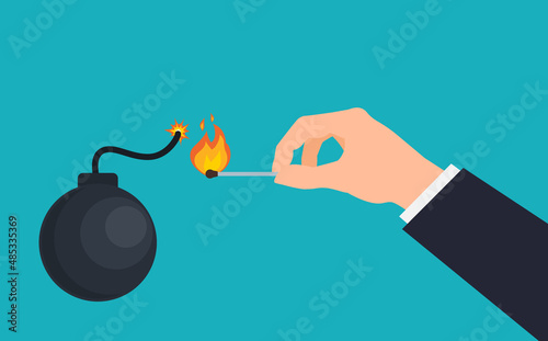 hand with match burning bomb wick vector illustration