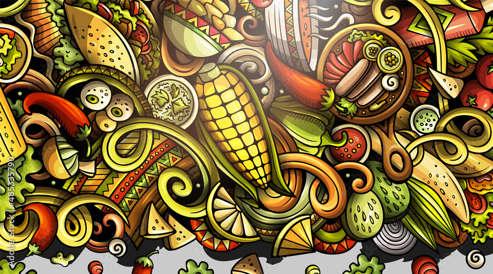 Mexican food hand drawn doodle banner. Cartoon detailed flyer.