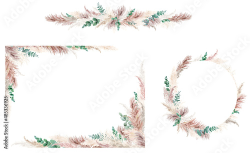 Watercolor pampas grass border, wreath, set. Boho dried grass and leaves neutral colors bouquet. Botanical nature design isolated on white. Bohemian style wedding invitation, greeting, card, postcard