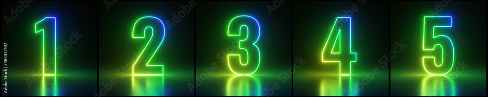 3d render, neon numbers from one to five glowing in the dark with green light, laser rays over black background - obrazy, fototapety, plakaty 