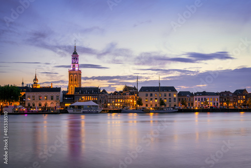 The skyline of the medieval city of Kampen during the blue hour