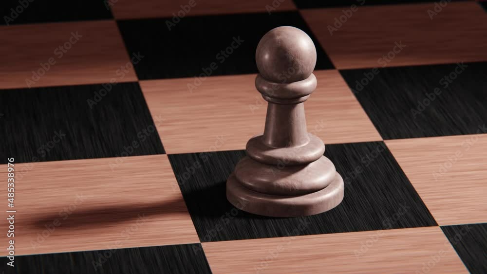Realistic 3D animation of the lone white wooden chess pawn becomes pawn made of weathered concrete on a chessboard rendered in UHD Realistic 3D animation of the lone white wooden chess pawn becomes pawn made of weathered concrete on a chessboard rendered in UHD