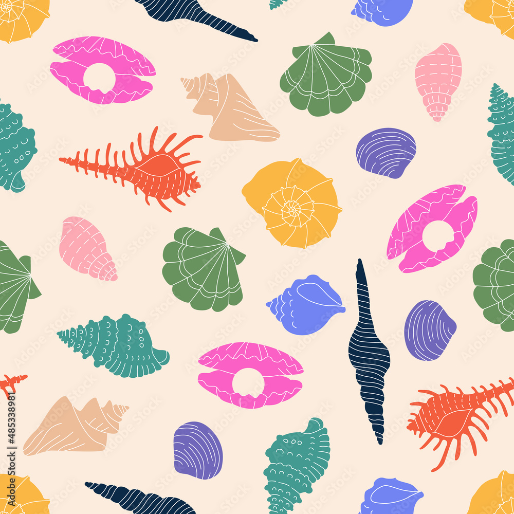 Colorful marine undersea elements. Hand drawn sea shell , colorful shells flat vector illustration. Cartoon clam, oyster and scallop shells, conches of mollusk and sea snail. Square seamless Pattern.