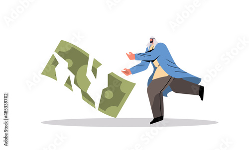 arab businessman with broken paper banknote financial crisis bankruptcy concept horizontal full length