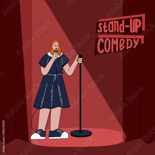 Stand-up comedic woman. Comedy artist. The performance of a female comedian