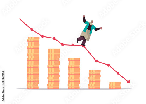 arab businesswoman standing on downward red arrow recession financial crisis bankruptcy concept