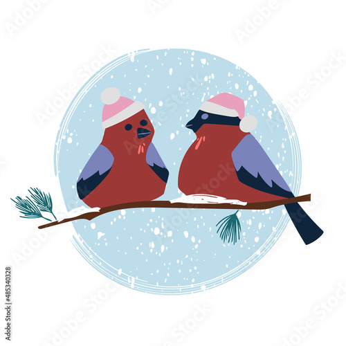 bullfinches in Christmas hats are sitting on a branch. Illustration on a white background