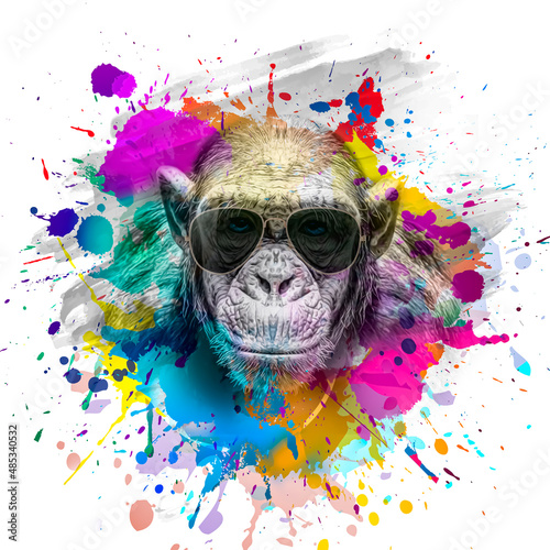 Canvas Print monkey head in eyeglasses with creative colorful abstract elements on dark backg