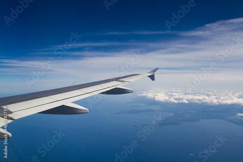 View from airplane window, wing