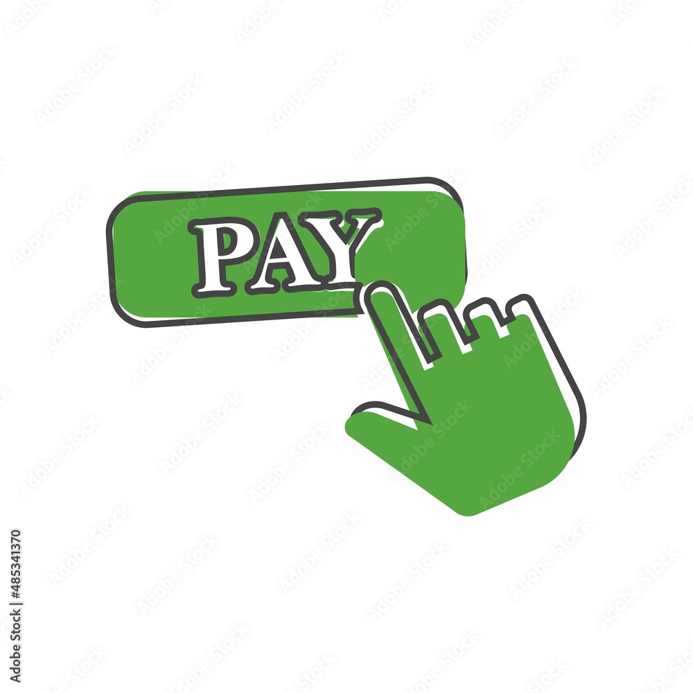 Vector icon hand presses the pay button on white isolated background. Layers grouped for easy editing illustration. For your design. Vector icon hand presses the pay button on white isolated background. Layers grouped for easy editing illustration. For your design.