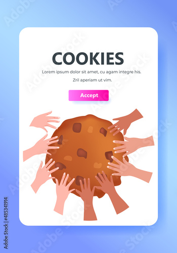 mix race people hands holding cookie protection of personal information internet web pop up we use cookies