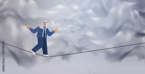 arab businessman walking on balancing tight rope risk challenge help in business concept