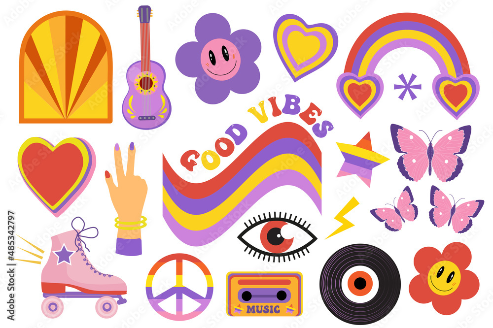 Fun groovy retro clipart elements set. 60s, 70s, 80s cartoon comic style.  Happy hippie vintage patches, pins, stamps, stickers templates. Abstract,  trendy, funky, nostalgic aesthetic background Stock Vector