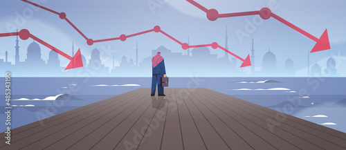 rear view arab businessman standing on wooden pier and looking to sea business and challenge crisis bankruptcy