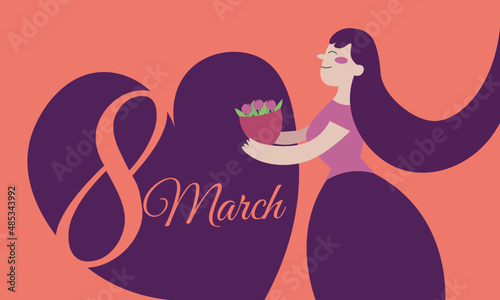 Postcard on 8 March - International Women's Day - Girl with a bouquet of flowers tulips 