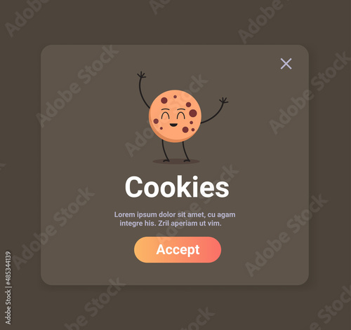 protection of personal information cookie mascot character with internet web pop up we use cookies policy notification