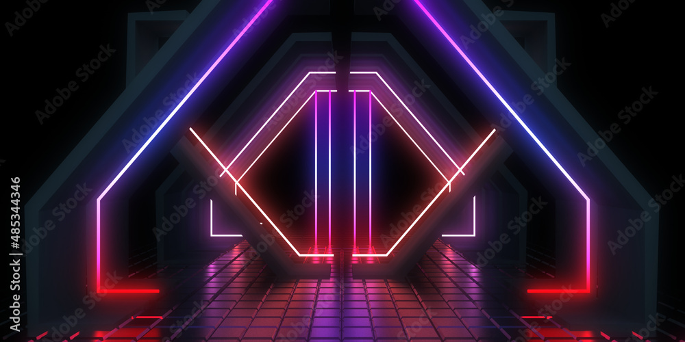 Naklejka premium 3D abstract background with neon lights. neon tunnel .space construction . .3d illustration