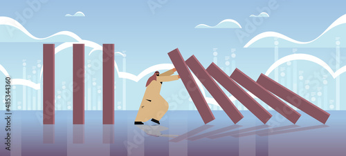 stressed arab businessman stopping domino effect crisis management chain reaction finance intervention conflict prevention