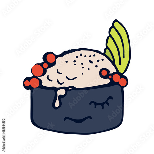 Yanonian cute sushi rolls. Gunkans with sauce.Delicious vector food with fish and rice. On a white isolated background. Sushi bar restaurant logos