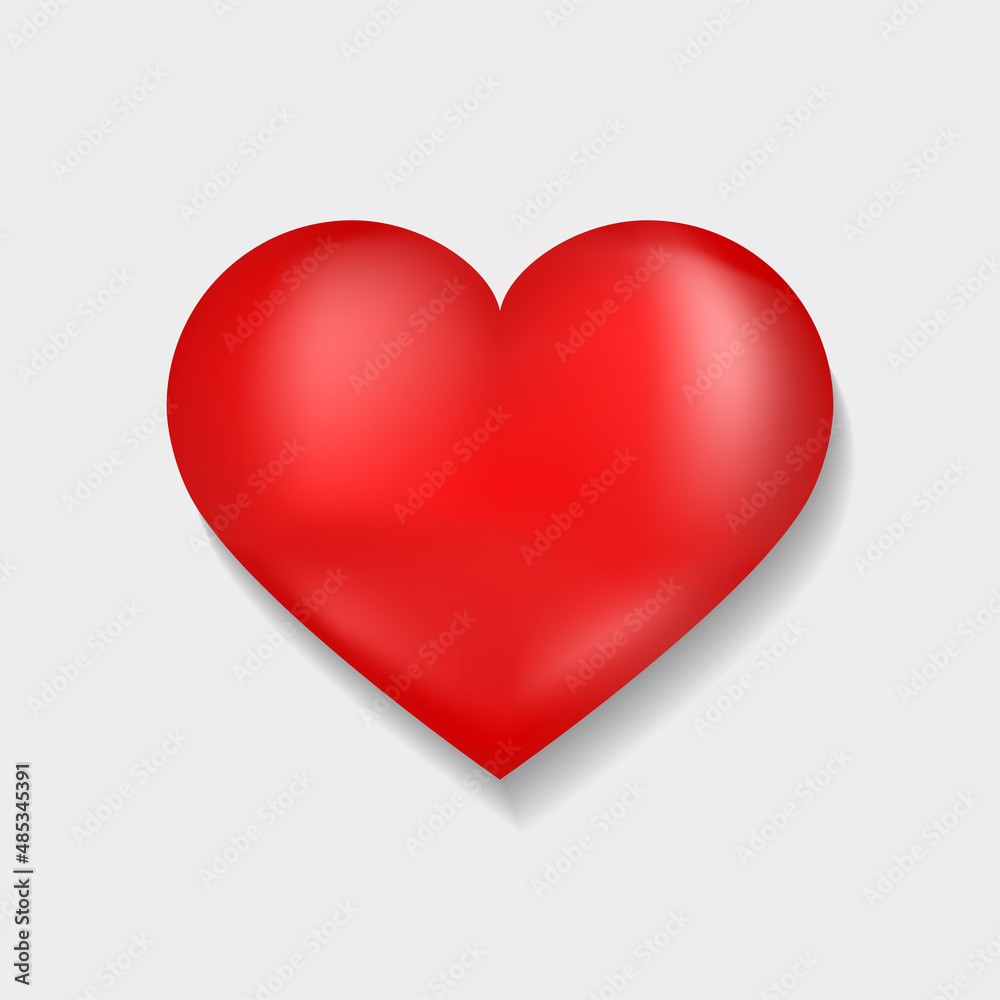 Vector red heart illustration with shadow isolated on white background.