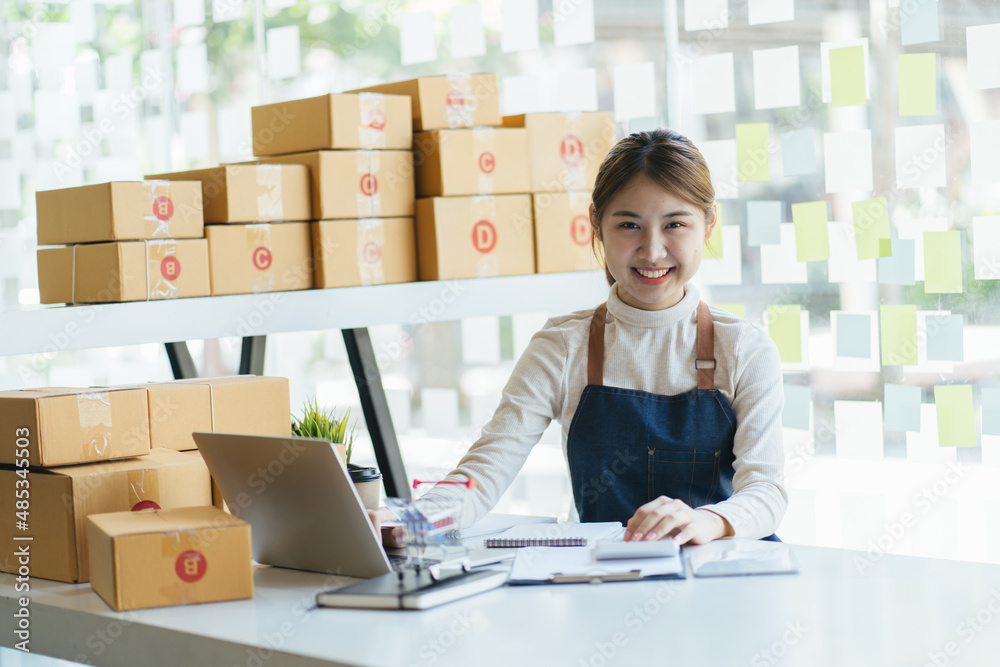 Asian woman using laptop with parcel boxes in delivery service theme. Part time and lifestyle concept Asian woman using laptop with parcel boxes in delivery service theme. Part time and lifestyle concept