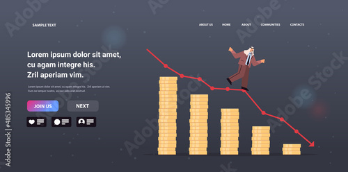 arab businessman standing on downward red arrow recession financial crisis bankruptcy concept