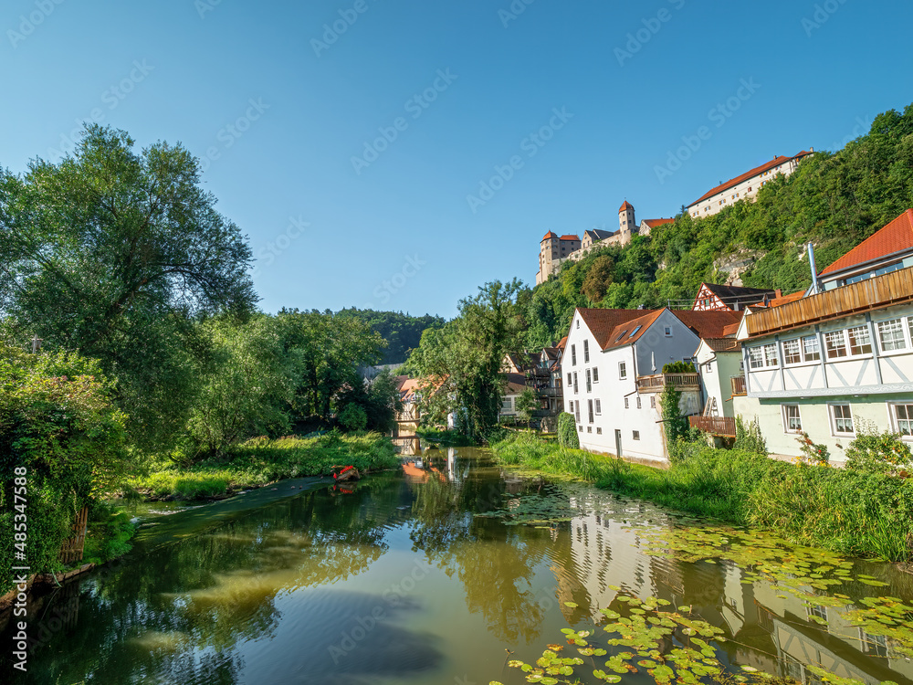 Green Summer Landscape along the Donau Ries Harburg City Valley with blue sky background