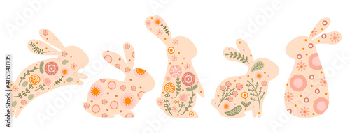 Set easter rabbit in pastel colors. Illustrations with silhouettes bunnies, flowers and and abstract pattern. Vector