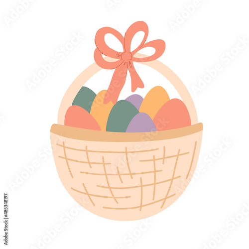 Cute Easter egg basket in pastel colors. Colorful spring illustration with eggs in flat style. Vector