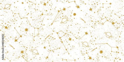 Magical seamless pattern with golden constellations and stars on a white background. Mystical esoteric boho background for fabric design, tarot, astrology, wrapping paper. Vector illustration. photo
