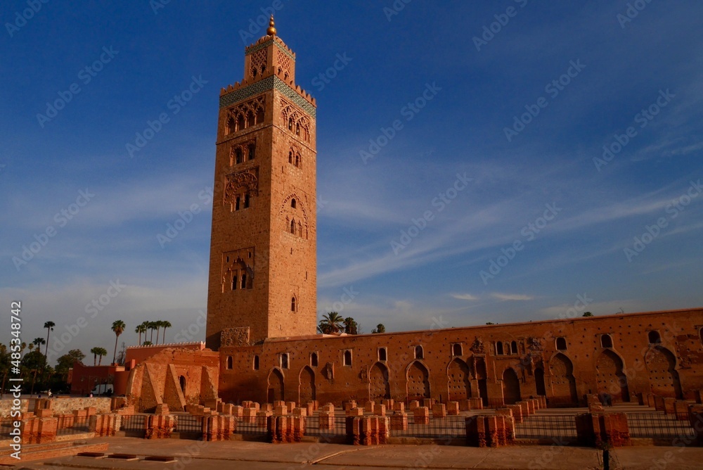 Panoramic view of Koutubia mosque at sunset. Marrakech, Morocco.