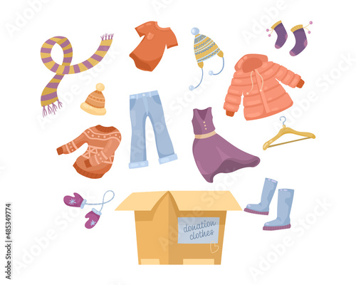 Winter clothes for donation cartoon illustration set. Used sweatshirt, shirt, scarf, sweater, hat in cardboard box or container isolated on white background. Charity, social care and help concept