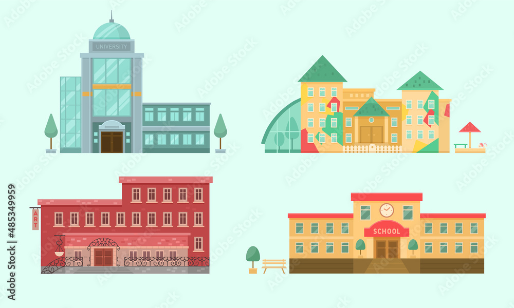 Educational institutions cartoon illustration set. Front view of high and elementary school, university, kindergarten and school of modern art. Building entrance concept