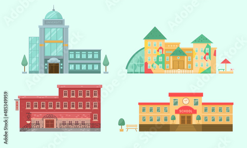 Educational institutions cartoon illustration set. Front view of high and elementary school, university, kindergarten and school of modern art. Building entrance concept
