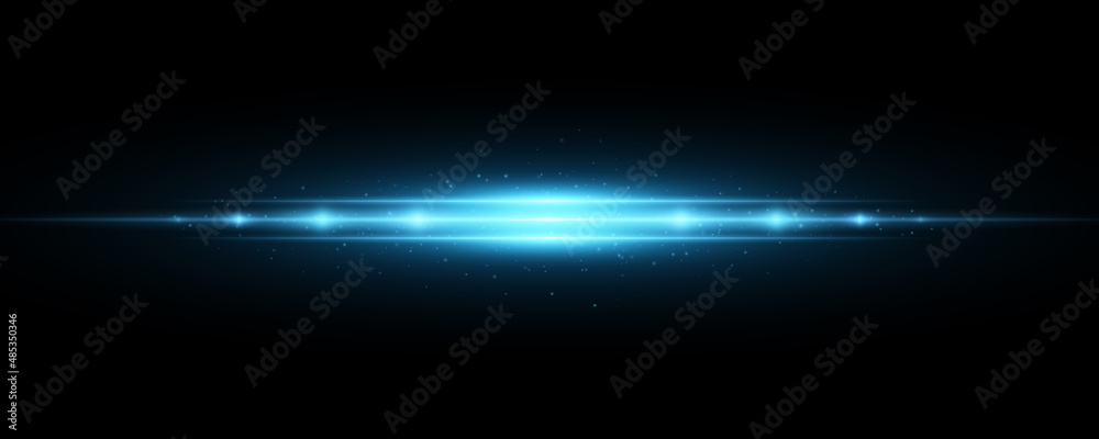 Abstract light effect isolated on black background. Horizontal glow. Vector bright flash for your project. Flare and glare. Sci-fi blue rays