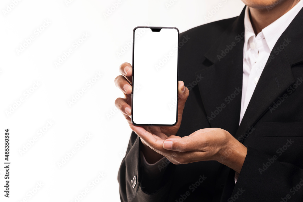 Businessman show display of smartphone with blank screen. Businessman show display of smartphone with blank screen.
